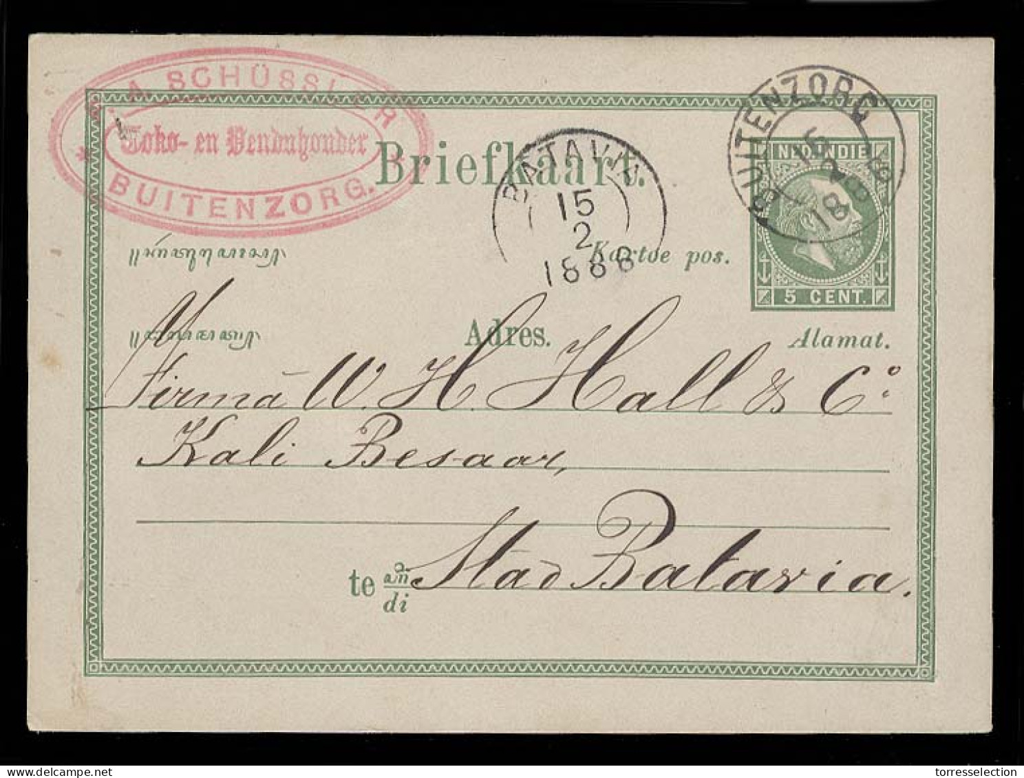 DUTCH INDIES. 1886 (15 Feb). Buitenzorg - Had Batavia. 5c Green Stat Card Cds. VF Used. - Indonesia