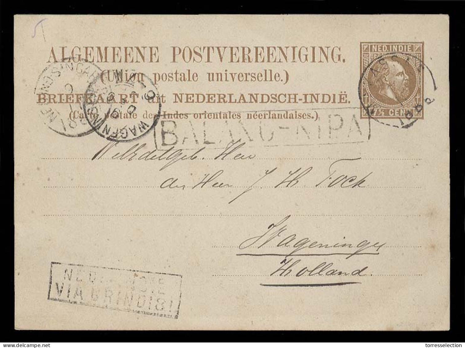 DUTCH INDIES. 1888 (24 Oct). Balang Nipa - Netherlands 7 1/2c Brown Stat Card. Stline Boxed Town Postmark. Routing Mark  - Indonesia