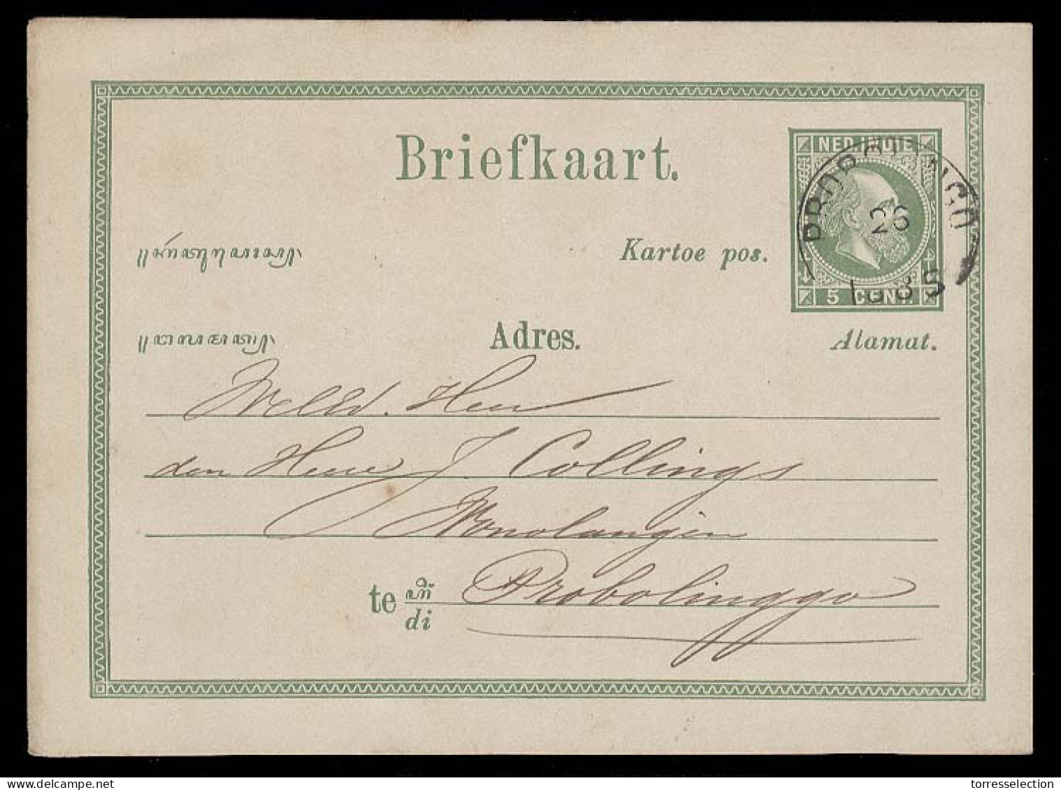 DUTCH INDIES. 1885 (24 June). Probolingo 5c Green Stat Card. Early Date Of Use. VF. - Indonesia