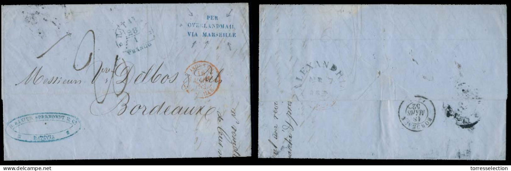 DUTCH INDIES. 1851 (20 Jan). Batavia - France (15 March). Stampless EL Full Contains Blue Franco Cds + Per Overland Mail - Indonesia