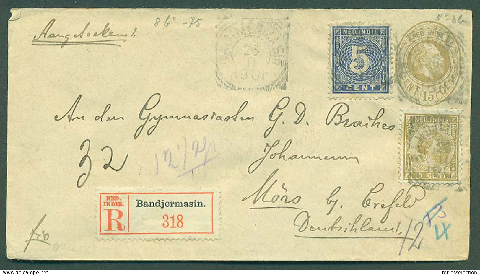 DUTCH INDIES. 1901 (26 Nov). Bandjermasin - Germany (3 Jan 1902). Reg 15c Brown Stat Env + 2 Adtls. Mixed Issues. Fine. - Indonesia