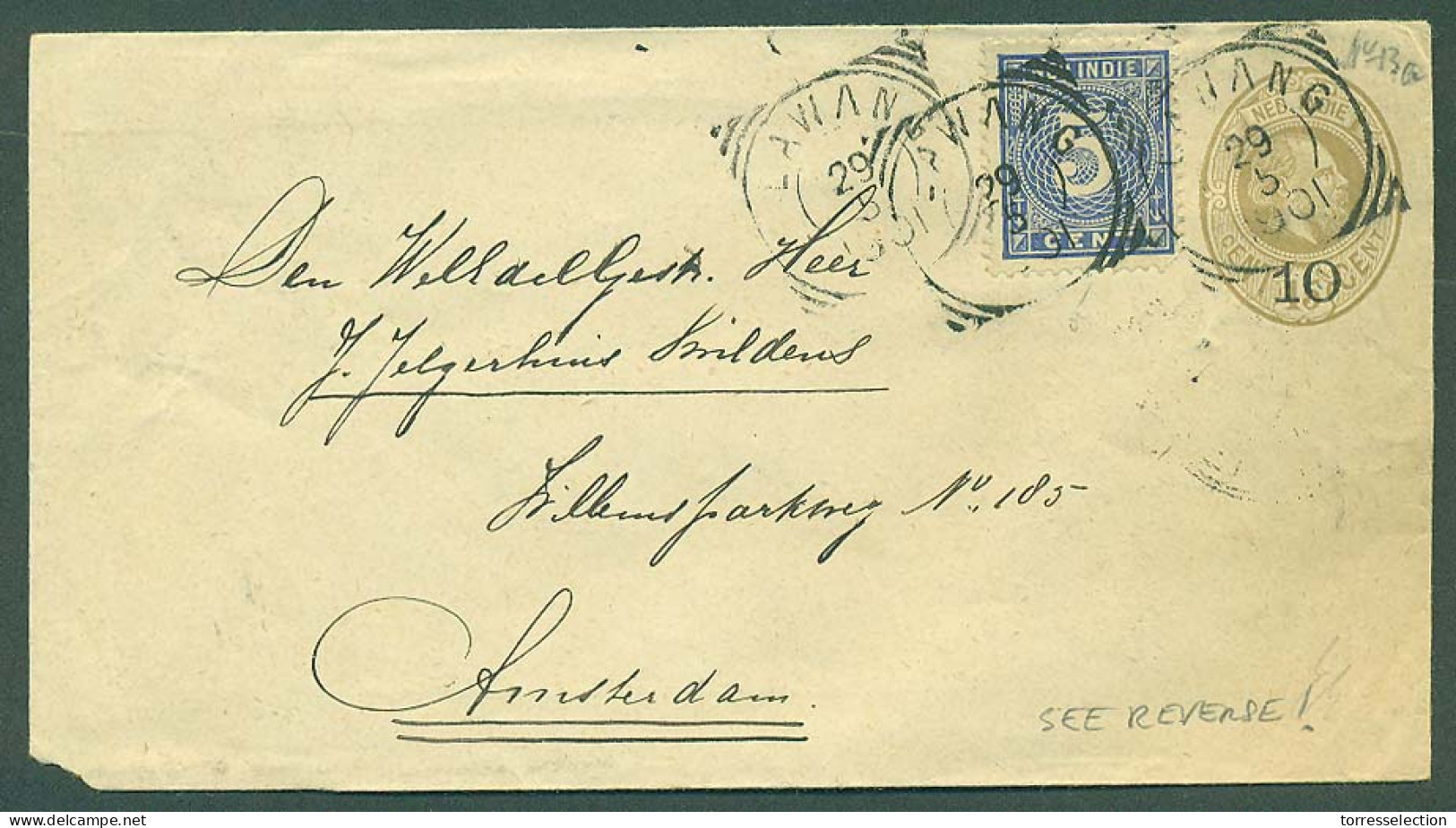 DUTCH INDIES. 1901 (29 May). Lawang - Netherlands. 10c Ovptd 15c Grey Stat Env Adtl. Via Sangil With Mns Ilustration On  - Indonesia