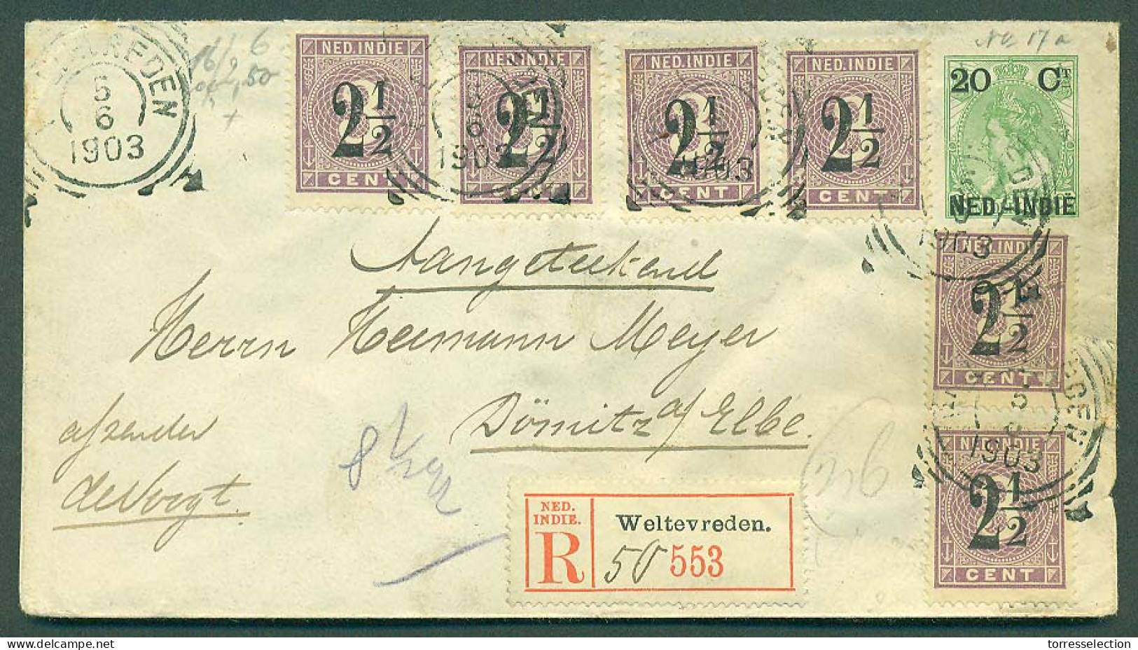 DUTCH INDIES. 1903 (5 June). Weltevreden - Germany (5 July). Reg 20c Ovptd Stat Env + 6 Adtls 2 1/2c Ovptd Issue. VF App - Indonesia