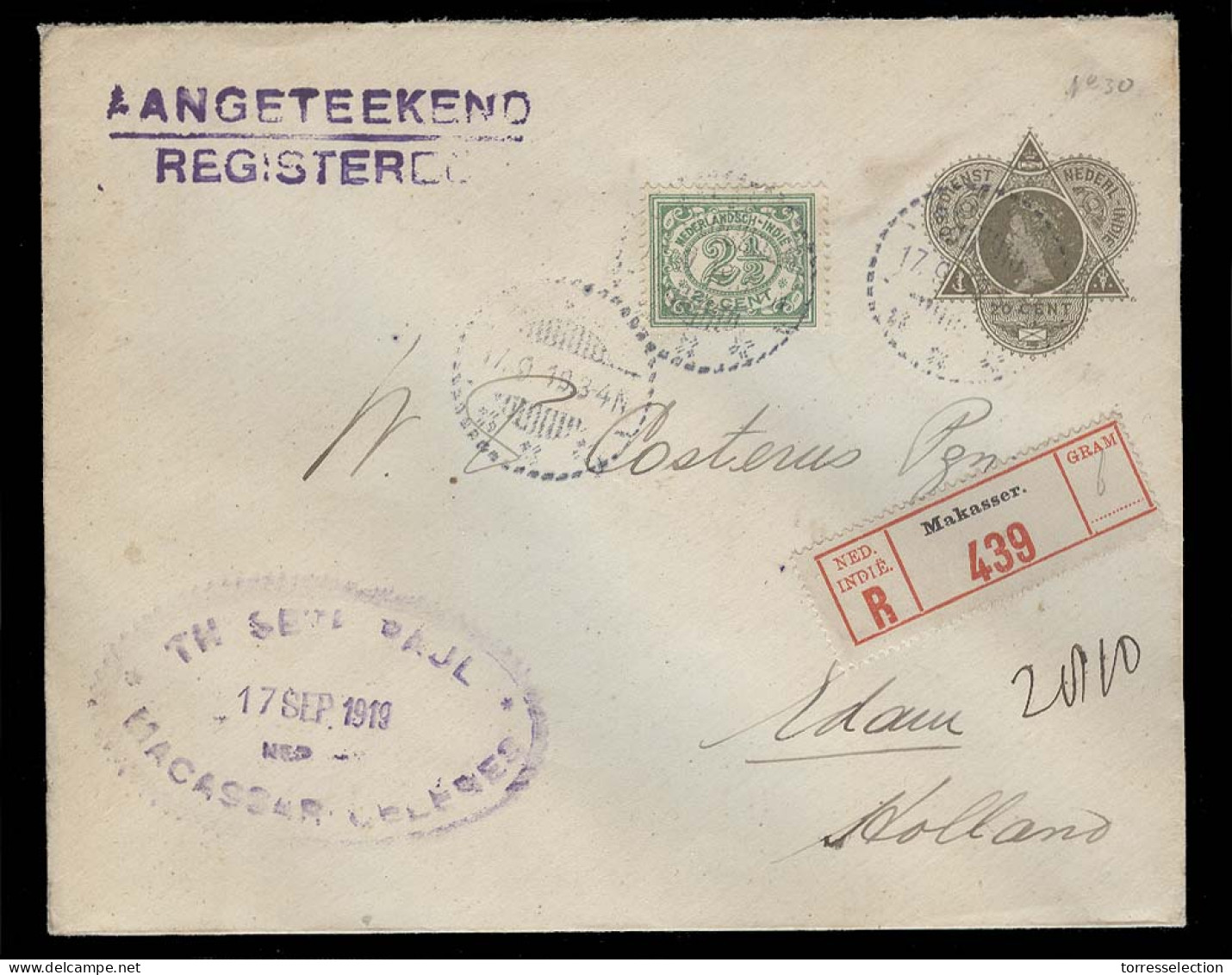 DUTCH INDIES. 1919 (17 Sept). Macassar - Netherlands (31 Oct). Reg 20c Brown Olive Stat Env + 2 1/2c Adtls / Cds. VF. - Indonesia