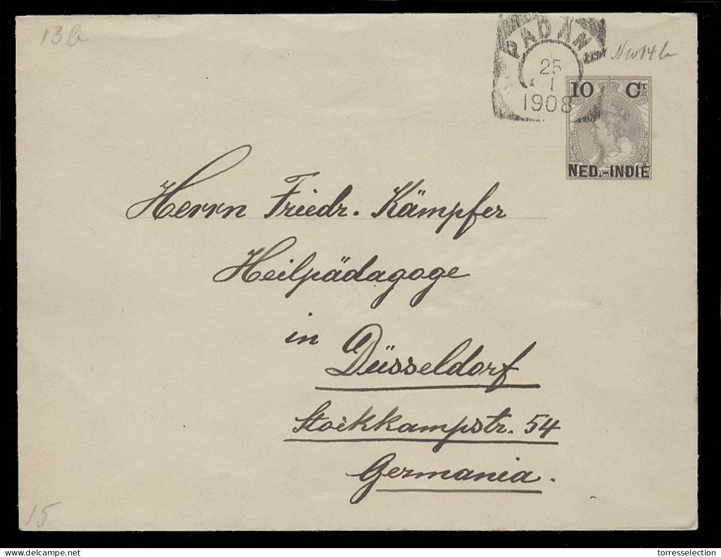 DUTCH INDIES. 1908 (25 Jan). Padang - Germany. 10c Ocptd Stat Env Large Size Type. VF. - Indonesia