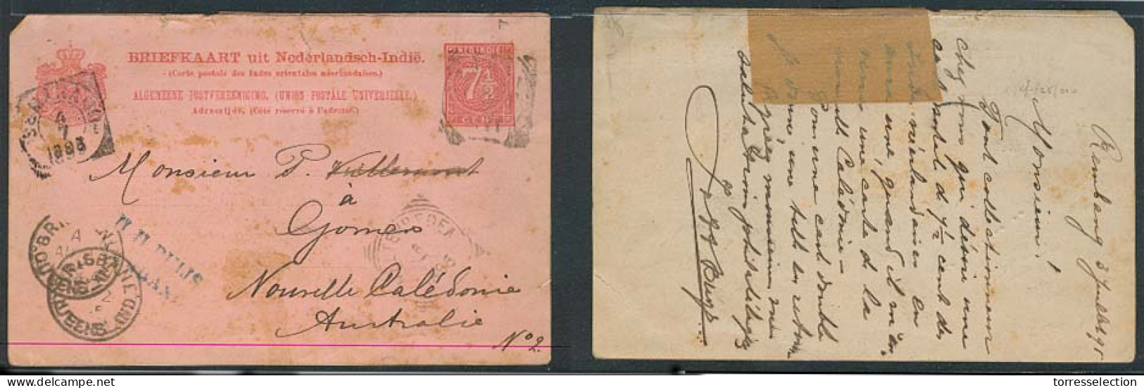 DUTCH INDIES. 1895 (3 July). Rembang - New Caledonia / Gomero. Via Australia - Brisbane Weltevreden. 7 1/2c Stat Card. V - Indonesië