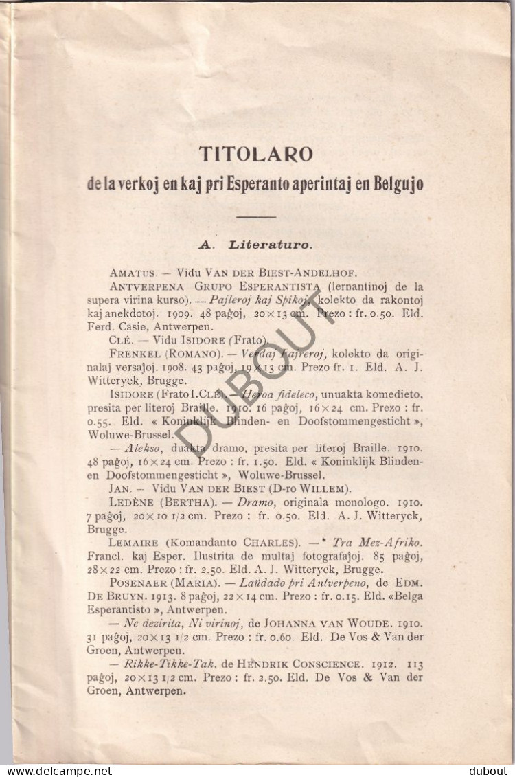 Esperanto België - 1913: A. Vermandel, Bibliografie Van Drukwerk Verschenen 1894-1913   (V3038) - Kultur