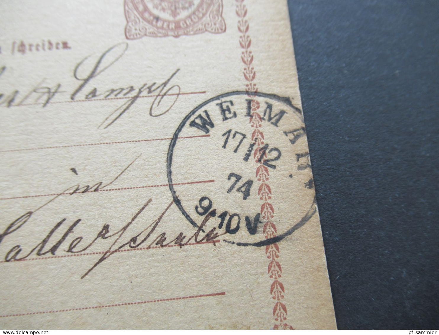 Reichspost 1874 Ganzsache P1 Adler In Großer Ellipse Stempel Ra3 Halle A/S P.A.No2 Ankunft U. K1 Weimar / Schlossvippach - Cartes Postales