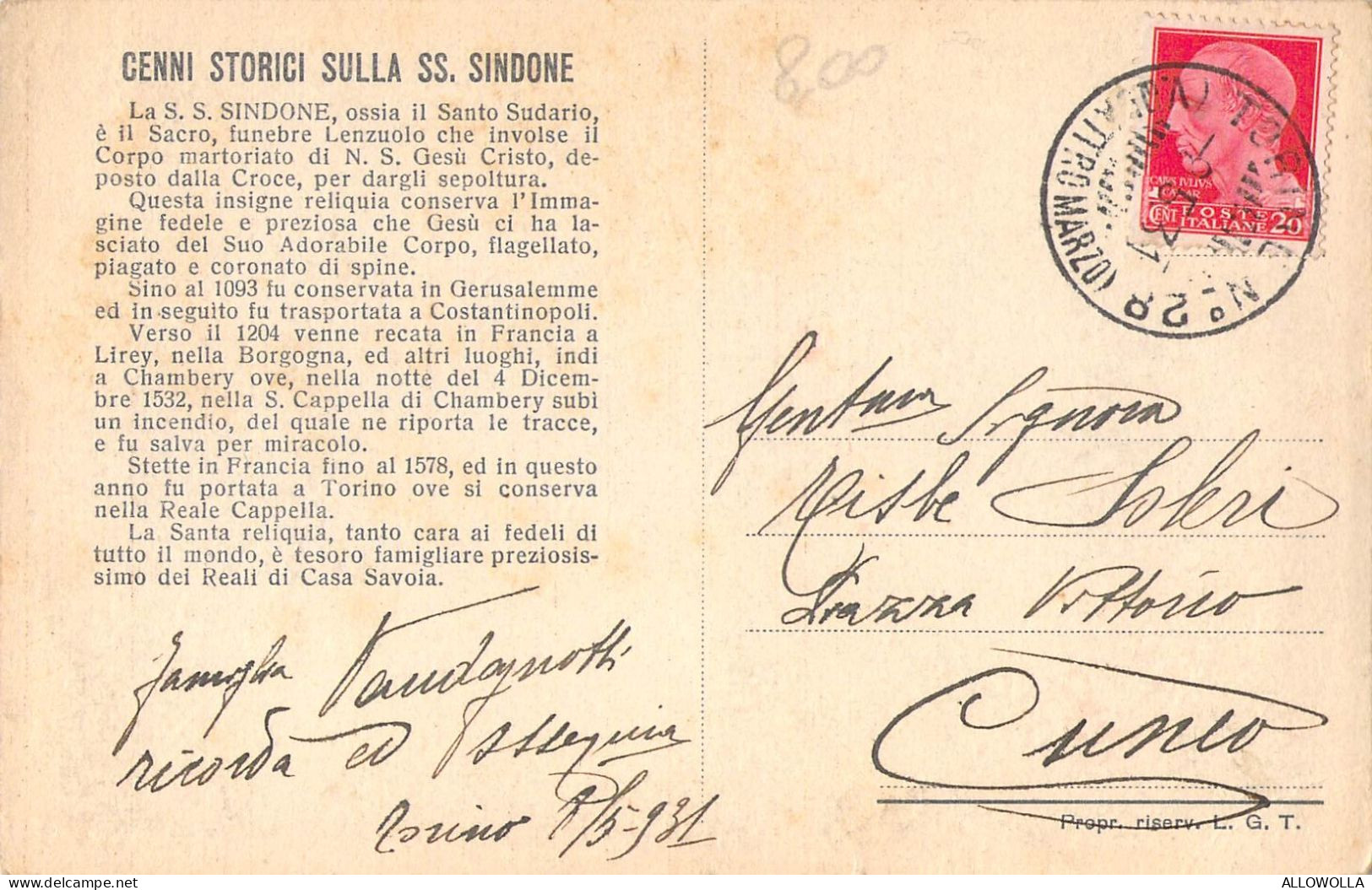 26386 " G. CLOVIO-LA S.S. SINDONE-TORINO "-VERA FOTO-CART.SPED.1931 - Kerken