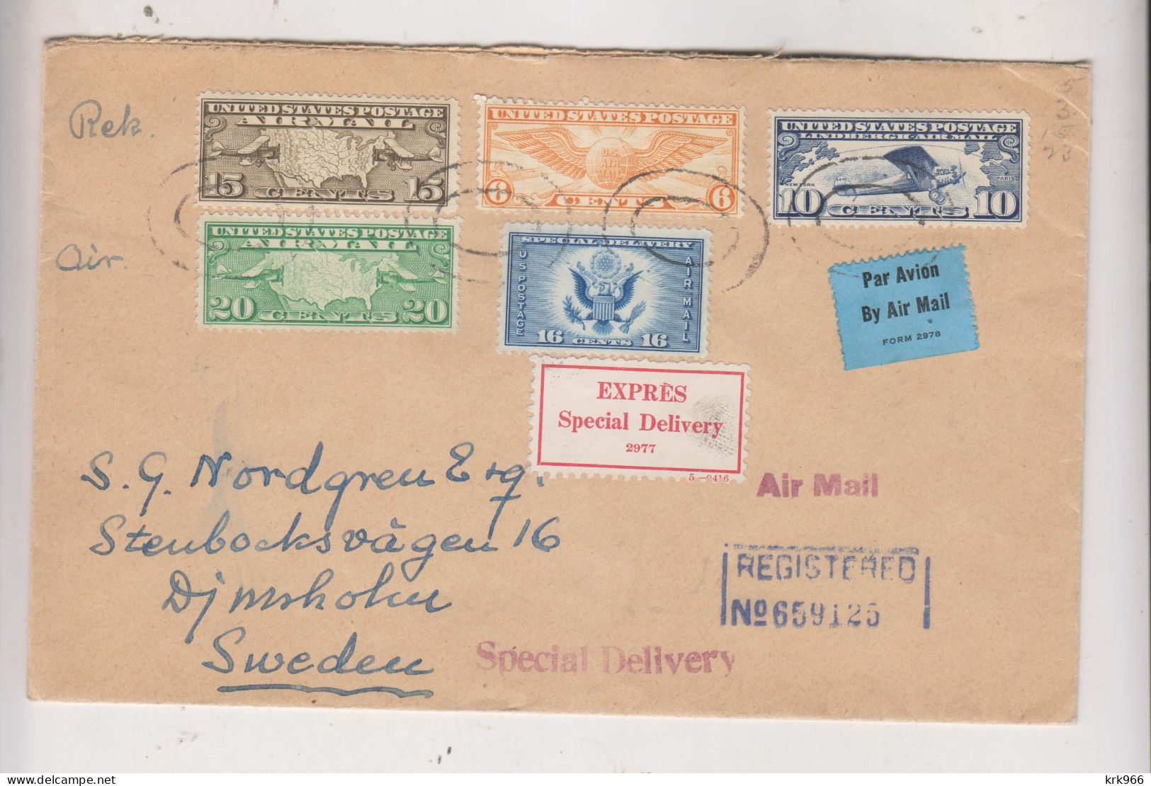 UNITED STATES 1935 NEW YORK Registered Airmail Cover To SWEDEN Special Delivery - 1c. 1918-1940 Storia Postale