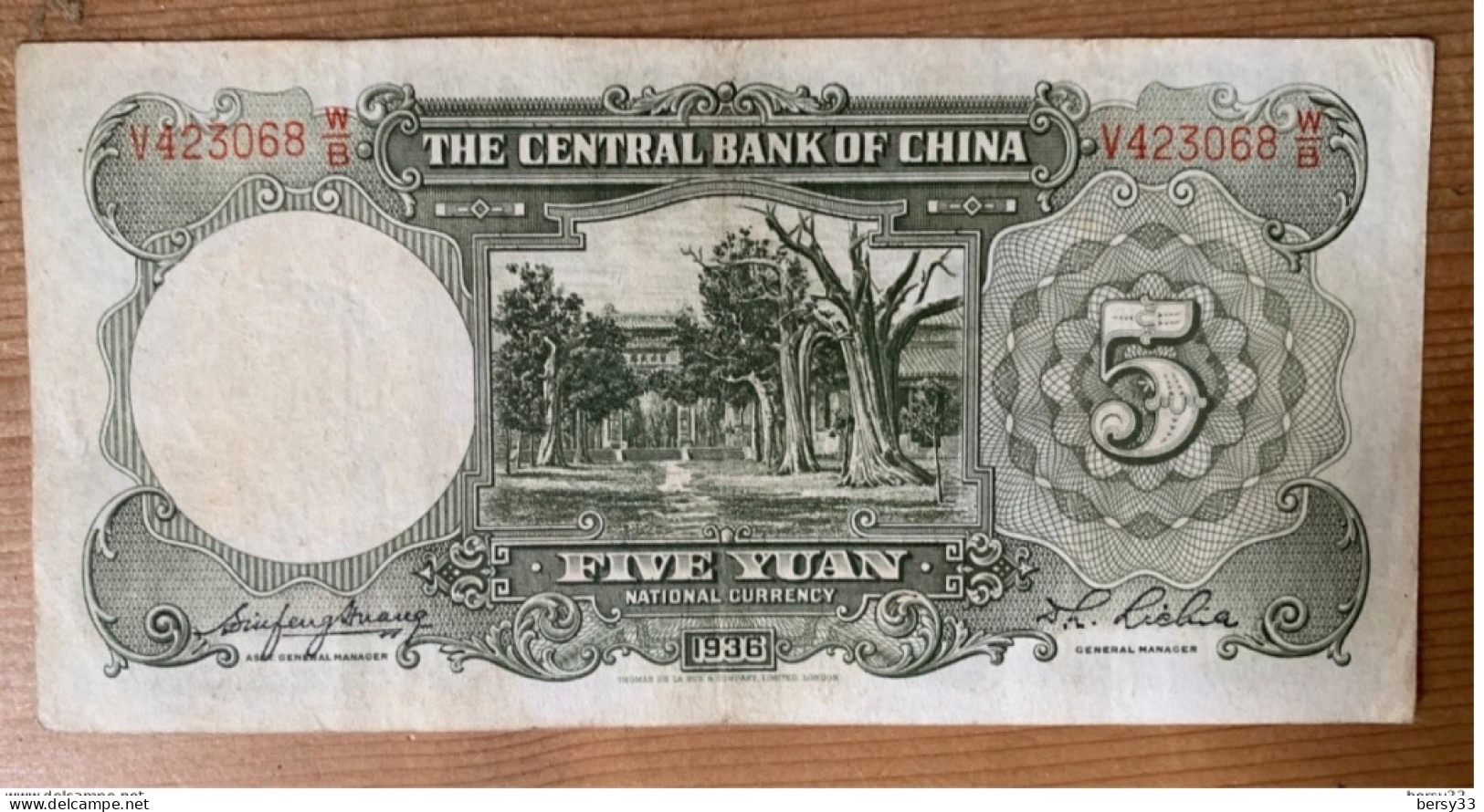 1936 - CHINA Central Bank - 5 YUAN Five - China