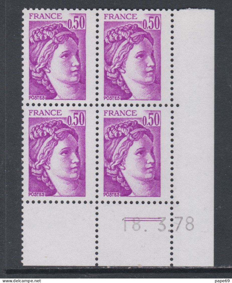 France N° 1969 Type Sabine : 50 C. Violet  En Bloc De 4 Coin Daté  Du  18 . 3 . 78 ;  2  Trait, Sans Charnière, TB - 1970-1979