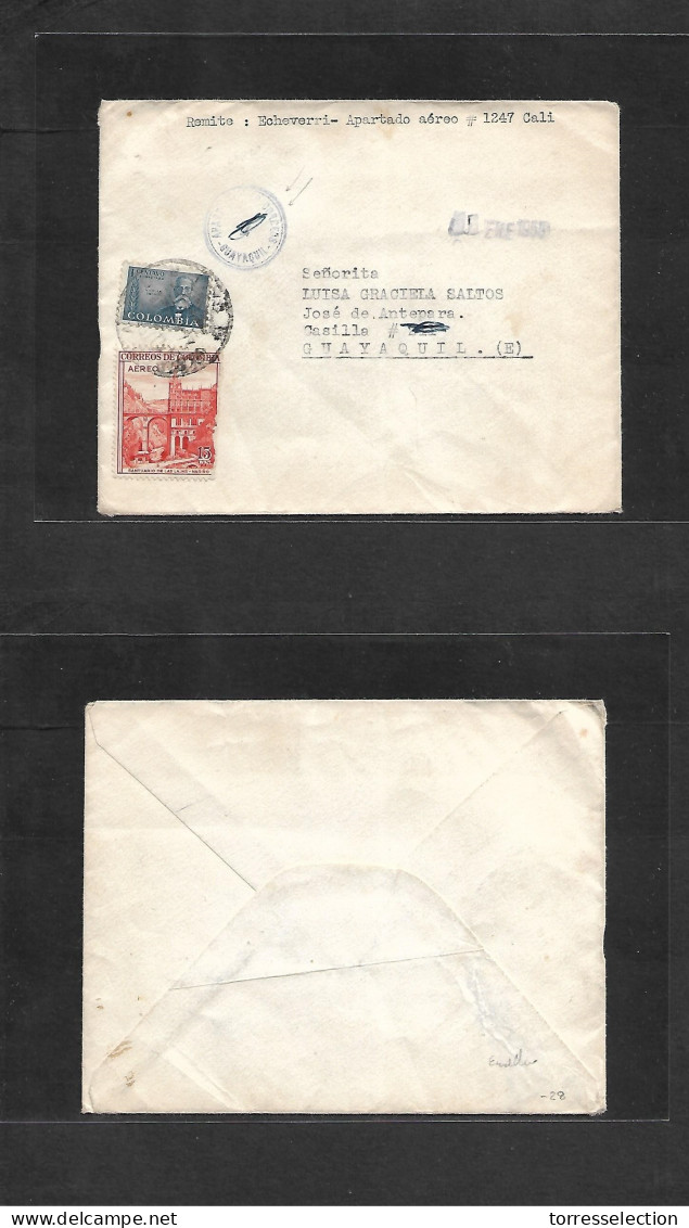 ECUADOR. 1955 (Enero) Colombia, Cali - GUAYAQUIL. Fkd Envelope + Special Cachet "Apartado CORREOS / 2 / GUAYAQUIL" Blue  - Equateur