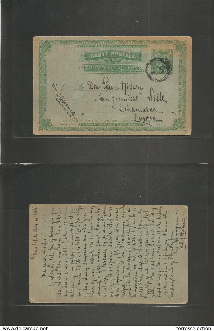 ECUADOR. 1896 (15 Nov) Quito - Denmark, Seile. 3c Green Stat Card. VF Used + Via Panama Endorsed. - Equateur