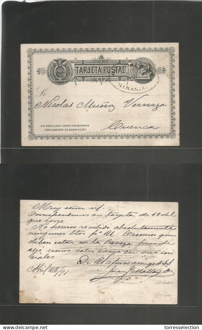 ECUADOR. 1891 (22 Abril) Naranjal - Cuenca. Entero Postal 2c. Negro Con Mat Oval Violeta. Muy Poco Uso De Esta Tarjeta Y - Ecuador