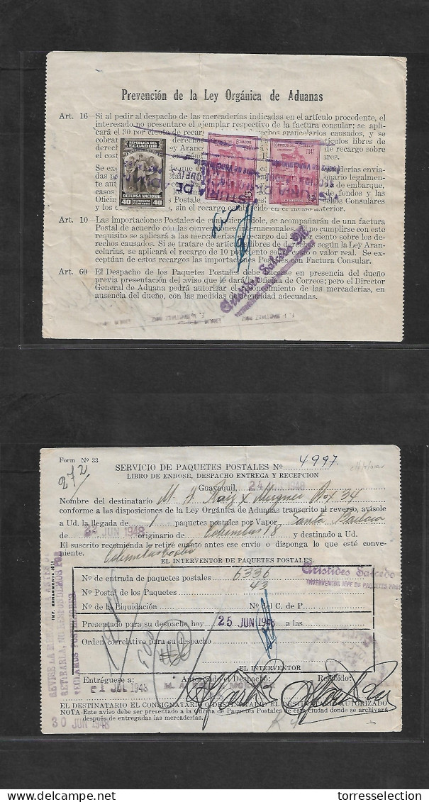 ECUADOR. 1948 (25 June) Servicio Paquetes Postales. Reverse Multifkd Timbre Periodicos + Correos Multifkd Receipt. Fille - Ecuador