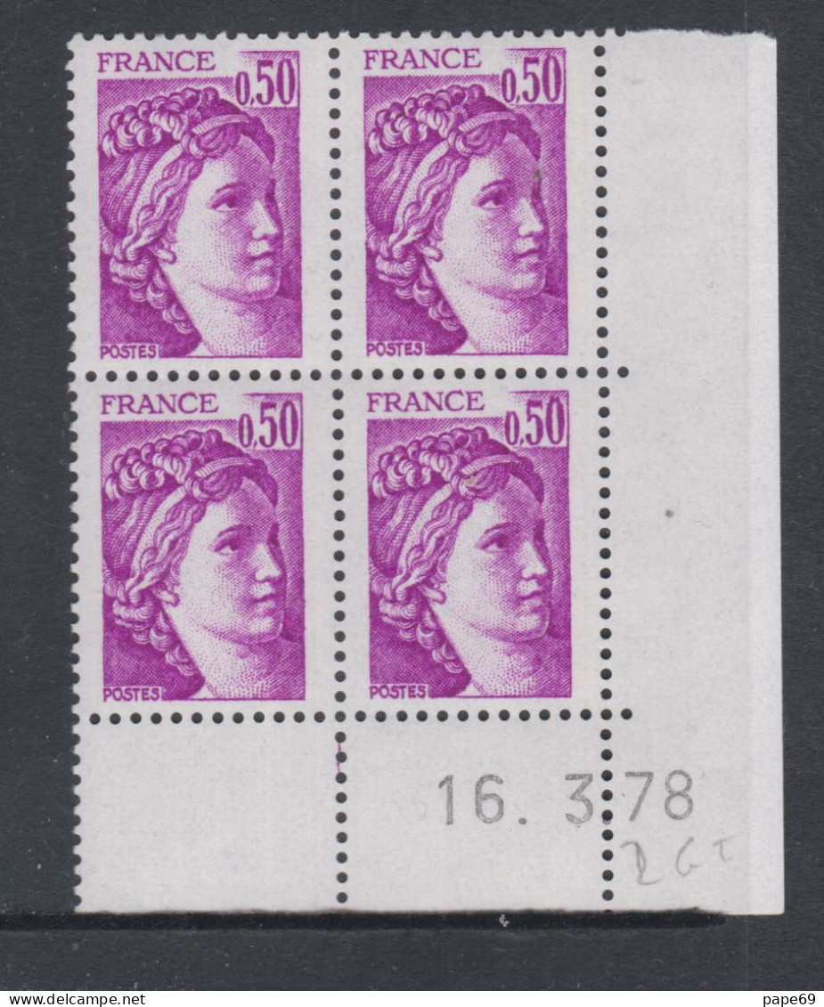 France N° 1969a  Sabine : 50 C. Violet Gomme Tropicale En Bloc De 4 Coin Daté  Du  16 . 3 . 78 ; Ss Trait, Ss Ch., TB - 1970-1979