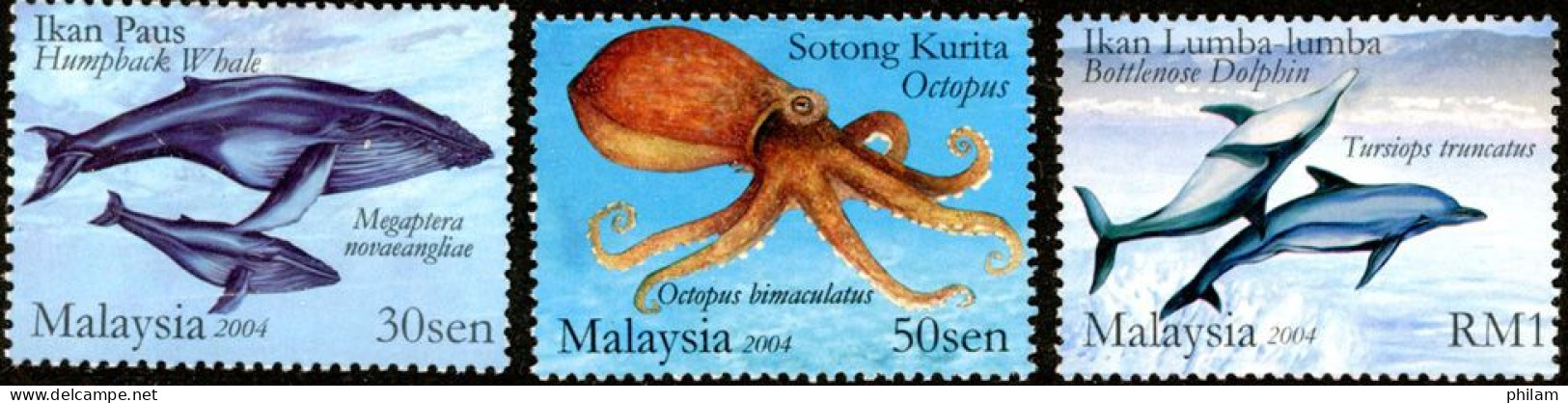 MALAYSIE 2004 - Vie Marine : Baleines, Octopus Et Dauphins - 3 V. - Dauphins