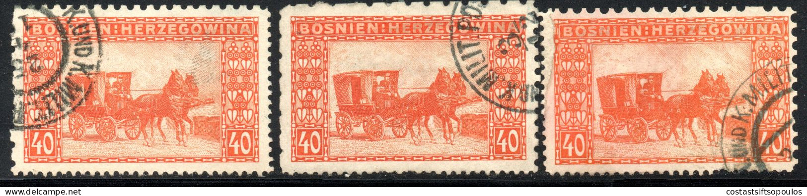 2698. BOSNIA AND HERZEGOVINA 1904 40H. MAIL WAGON COMPOUND PERF. 3 DIFF. - Bosnie-Herzegovine