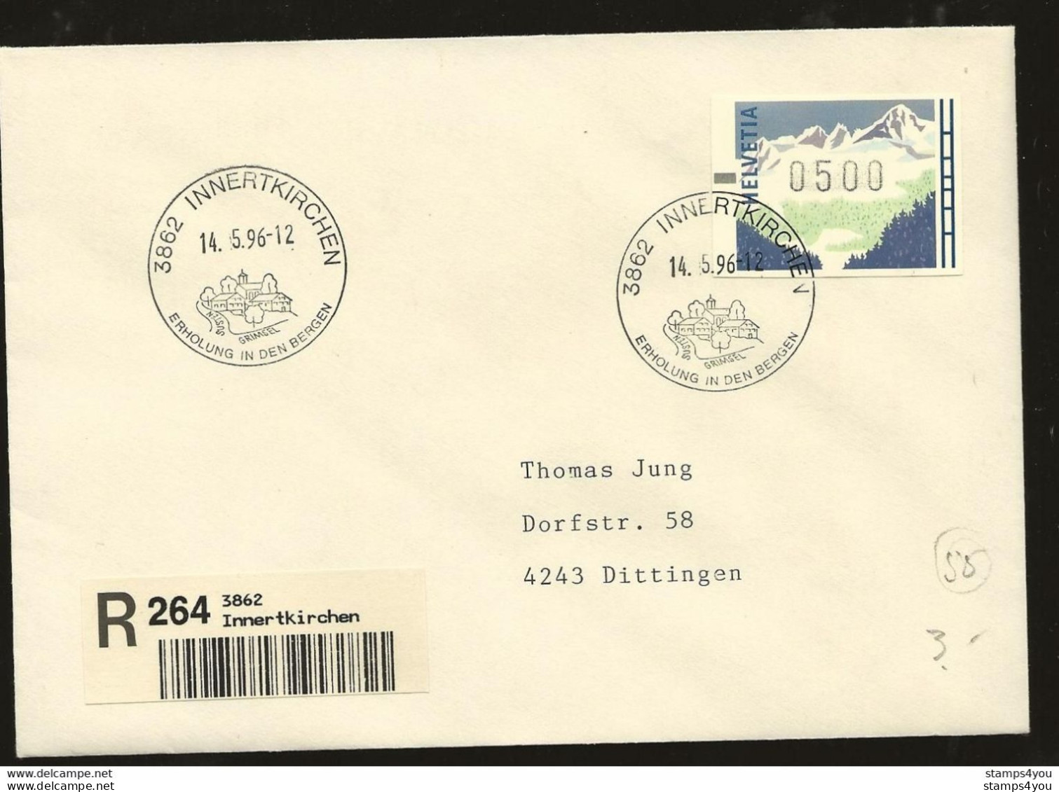 235 - 55 - Enveloppe Recommandée Envoyée De Innertkirchen 1996 - Timbre D'automate - Sellos De Distribuidores