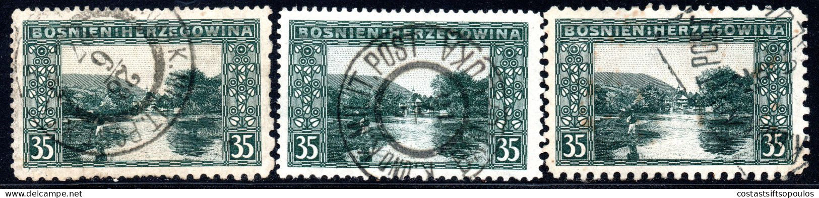 2699. BOSNIA AND HERZEGOVINA 1904 35H. JEZERO COMPOUND PERF. 3 DIFF. - Bosnie-Herzegovine