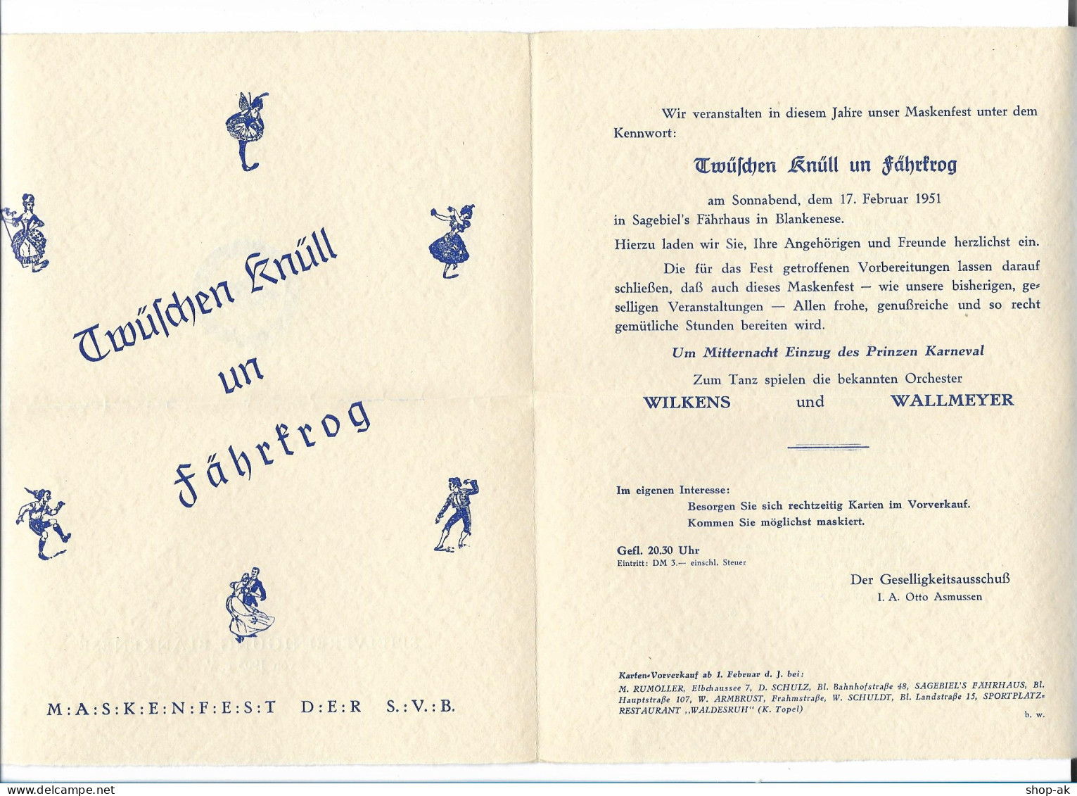 C3866/ Maskenfest Spielvereinigung  Blankenese 1951 Einladung - Blankenese