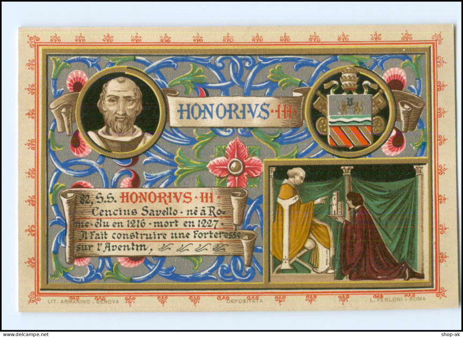 S2287/ Vatikan Papst  Honorius III Litho AK  1903  Karte Nr. 82 Vatican  - Vatikanstadt