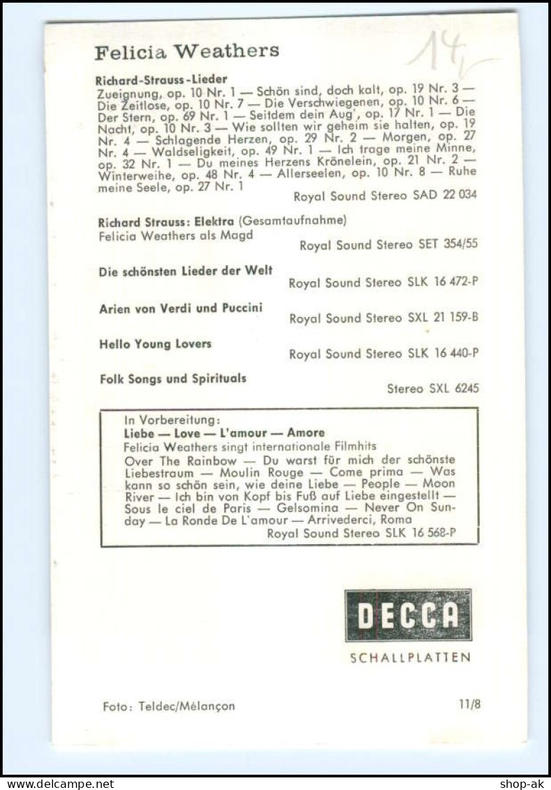 S2174/ Opernsängerin Felicia Weathers Decca-Karte  Original Autogramm  - Handtekening