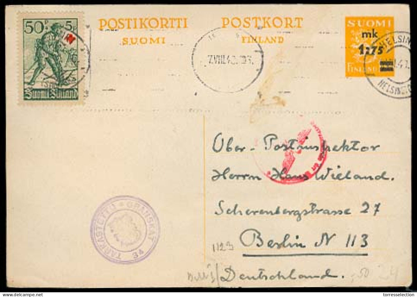 FINLAND. 1940 (7 Aug). Helsinki - Germany. Ovptd Stat Card + Adtl. Doble Censored. - Other & Unclassified