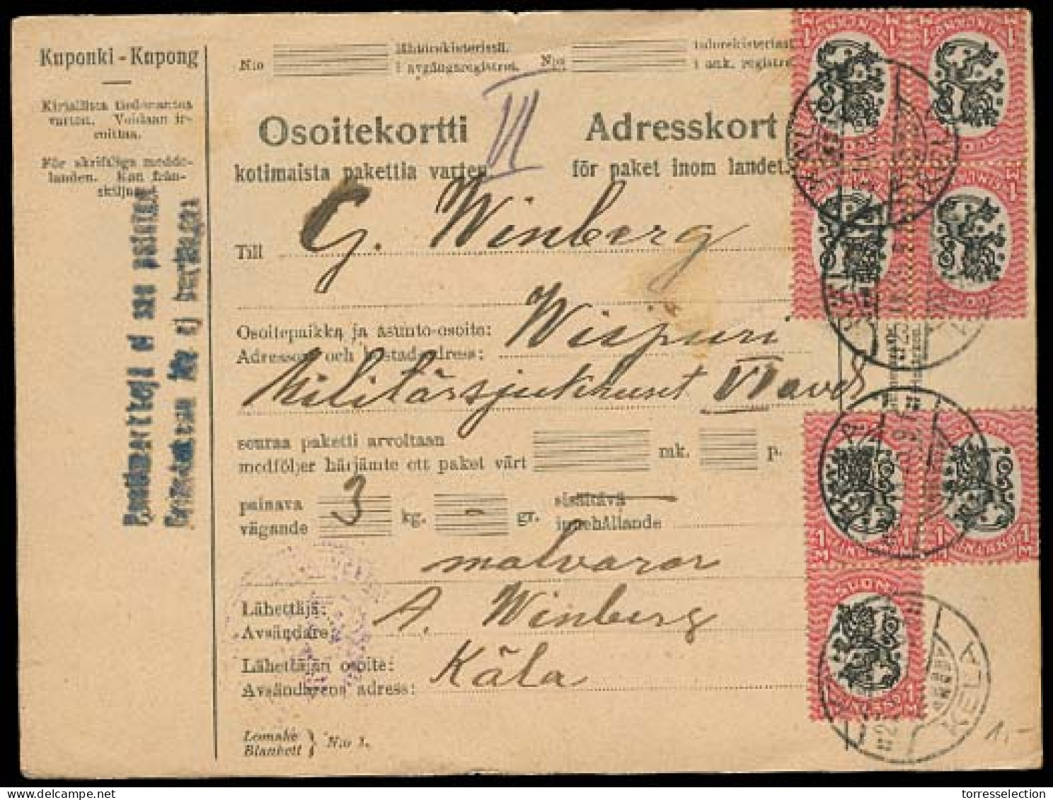 FINLAND. 1925. Kala - Wiipuri. Package Card Fkd 1 Mark X7 (blocks). VF. - Other & Unclassified
