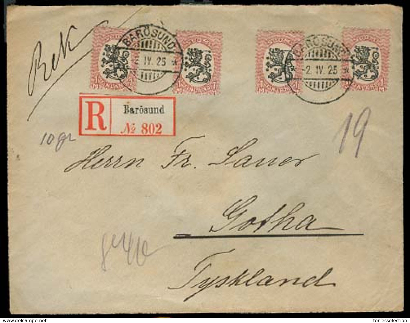 FINLAND. 1925 (2 April). Barosund - Germany. Multifkd Registered Env. - Other & Unclassified