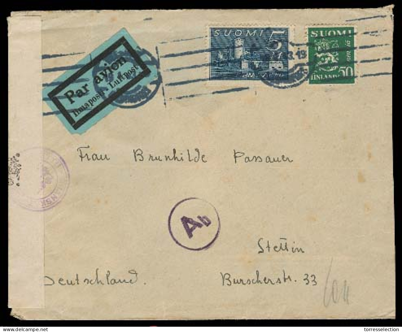 FINLAND. 1943 (19 Jan). Helsinfors - Germany. Air Doble Censored Fkd Env. - Other & Unclassified