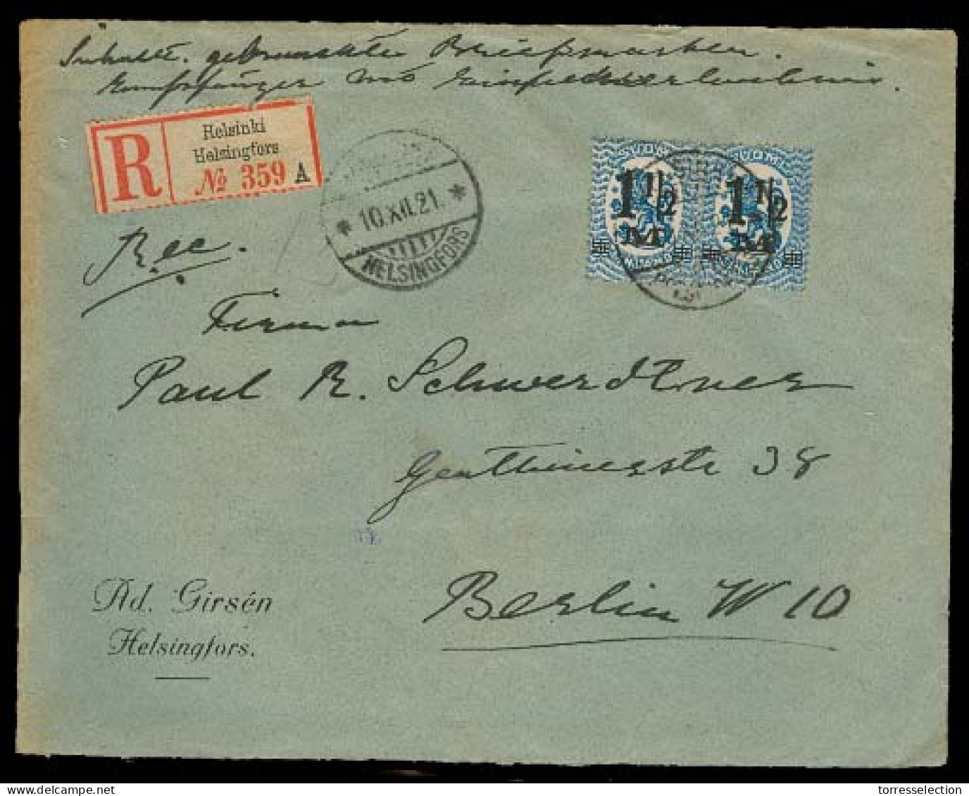 FINLAND. 1921. Helsinki - Germany. Registered Ovptd Fkd Env. - Other & Unclassified