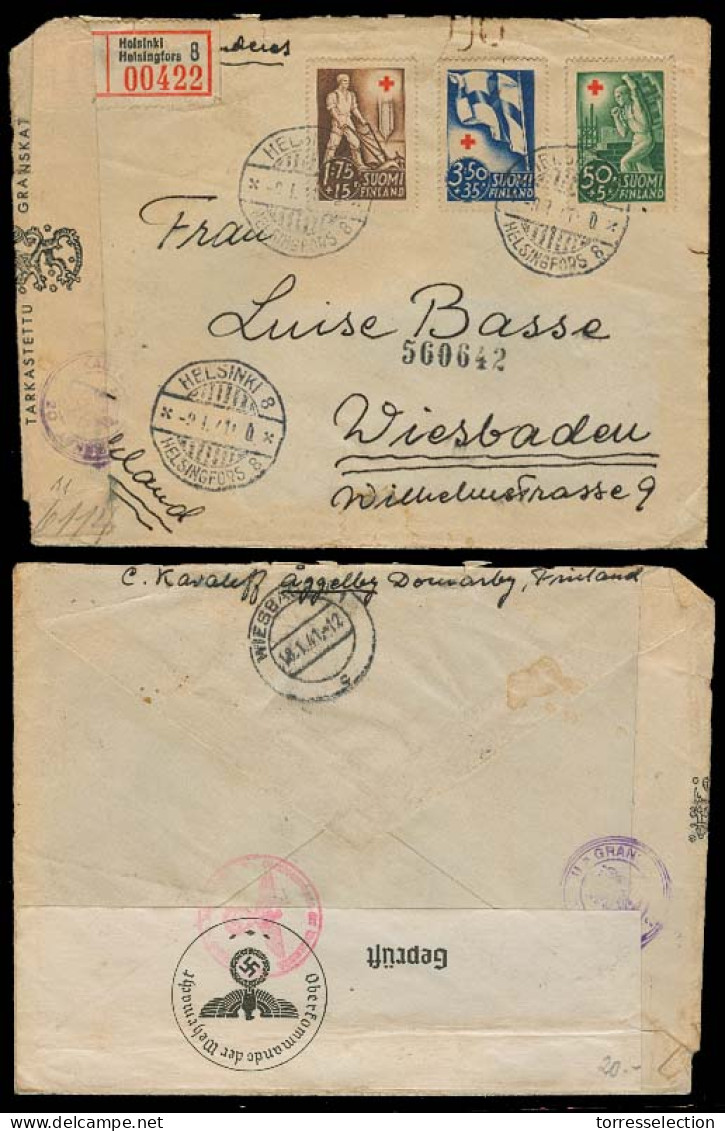FINLAND. 1941 (9 Jan). Helsinki - Germany. Registered Red Cross Issue Doble Censored Env. - Other & Unclassified