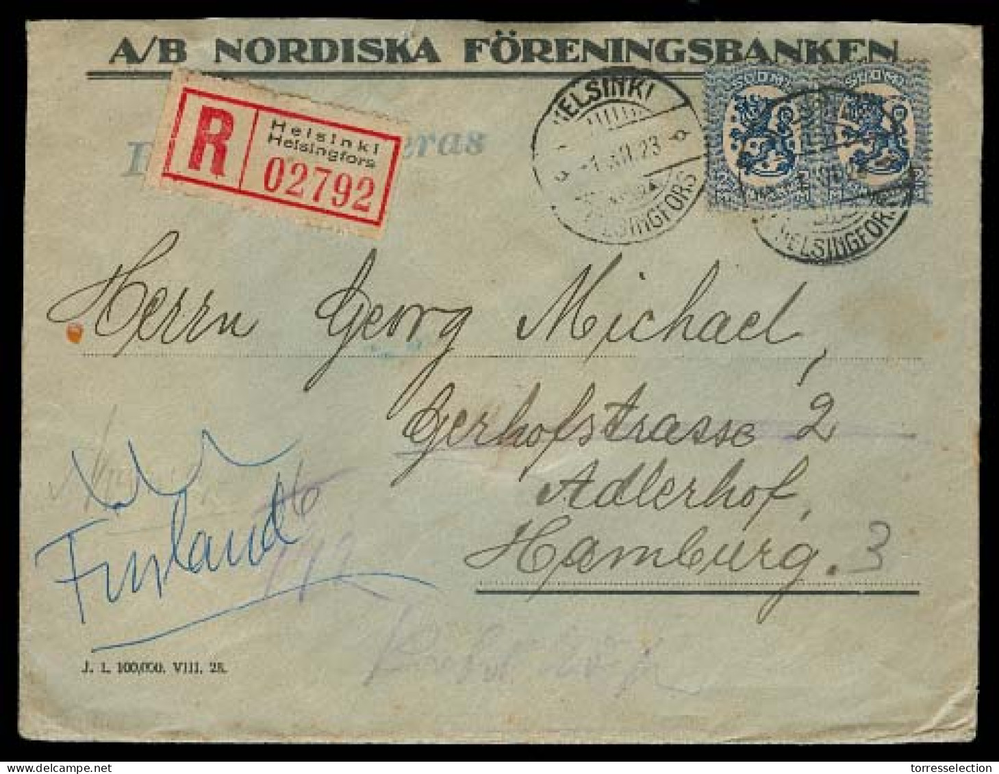 FINLAND. 1923 (1 Dec). Helsinki - Germany. Registered 4 Rate Env. - Other & Unclassified