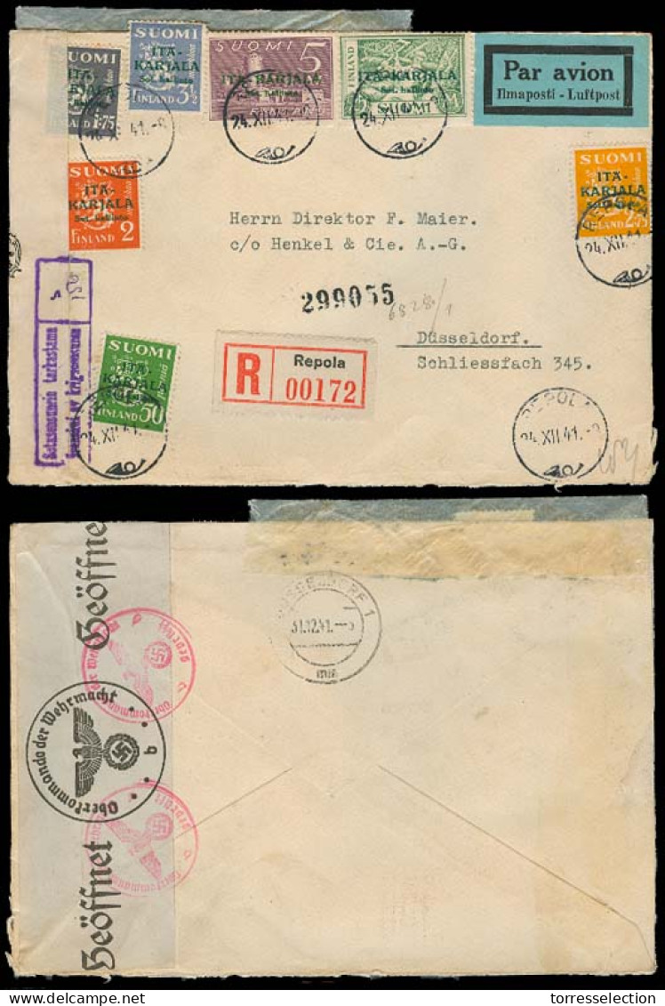 FINLAND. 1941 (24 Dec). Repola - Germany. Ita - Kartala Ovptd Issue. Registered Airmail Multifkd Doble Censored Env. VF  - Other & Unclassified