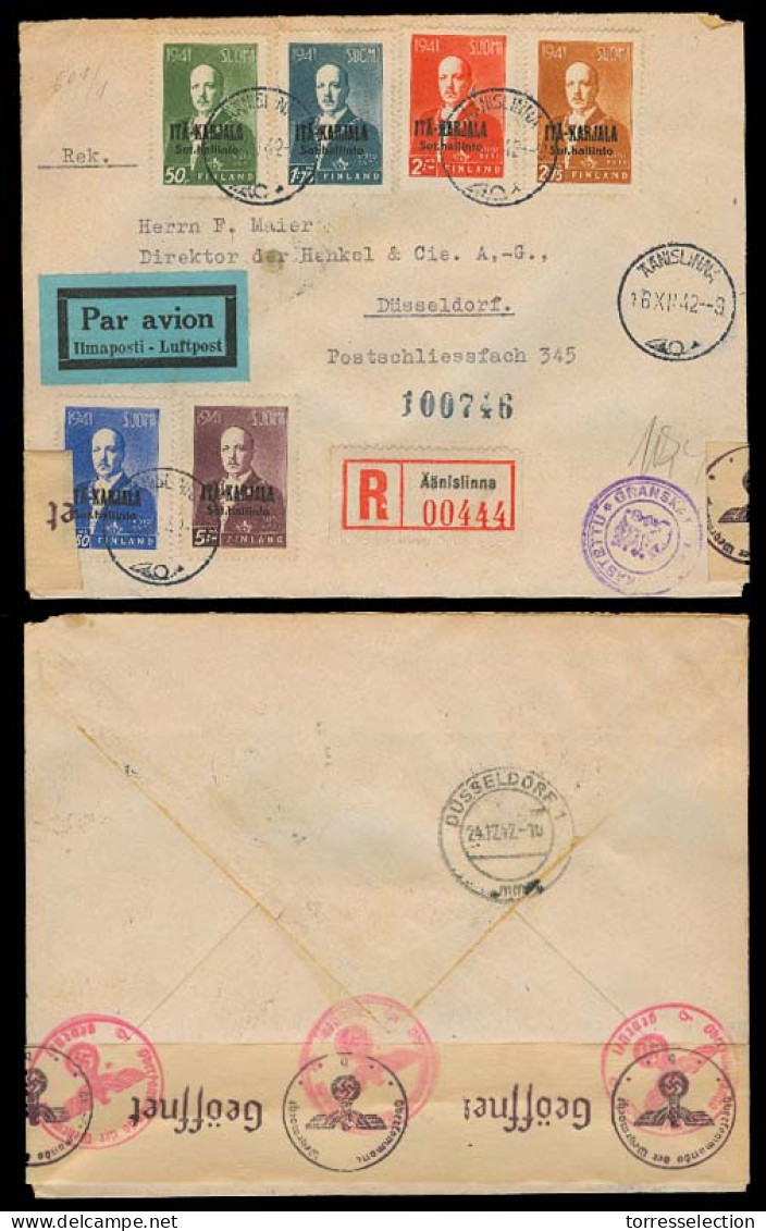 FINLAND. 1942 (16 Dec). Aanislinna - Germany. Ita - Karjala Overprinted Issue. Airmail Registered Doble Censored Env. Fi - Other & Unclassified