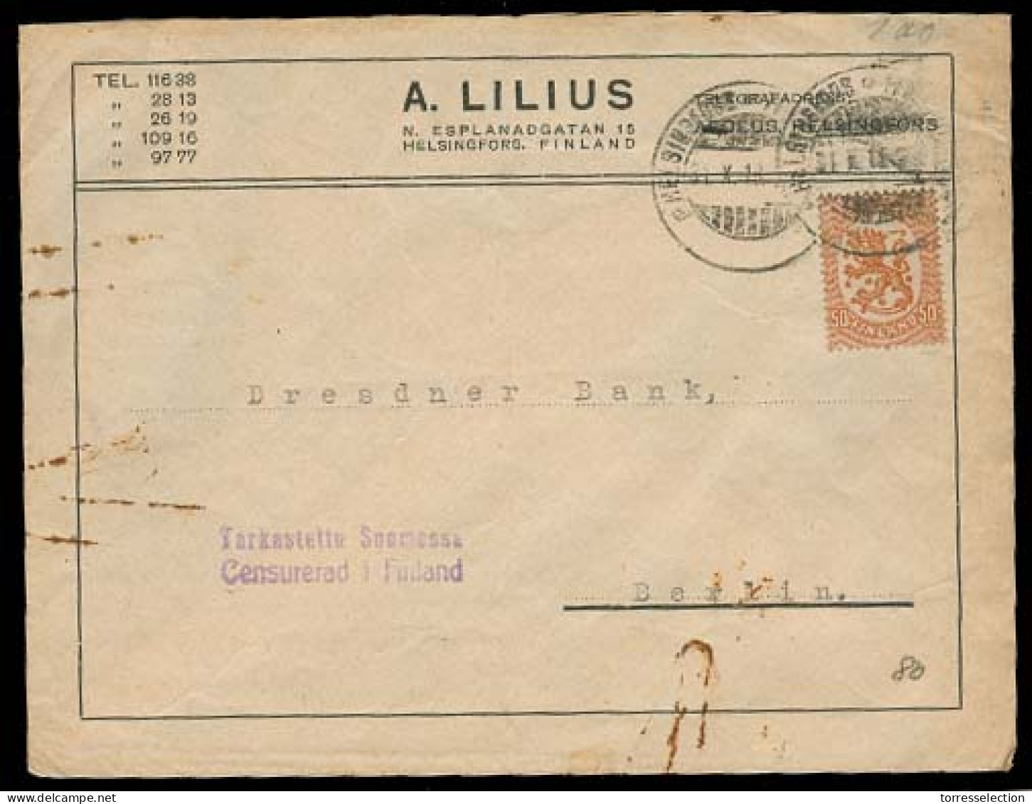 FINLAND. 1918. Helsingfors - Germany. Fkd Env + Censored / Finland Cachet. - Other & Unclassified