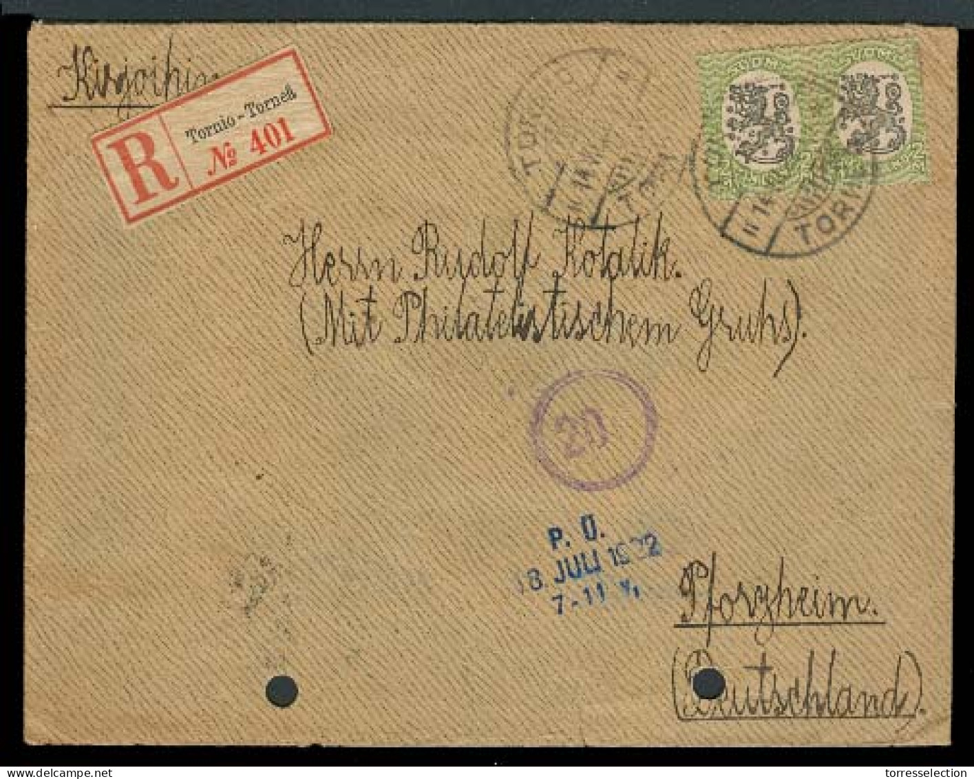 FINLAND. 1922. Tornio - Germany. Env Fkd 2mk Green Horiz Pair + Label. - Other & Unclassified