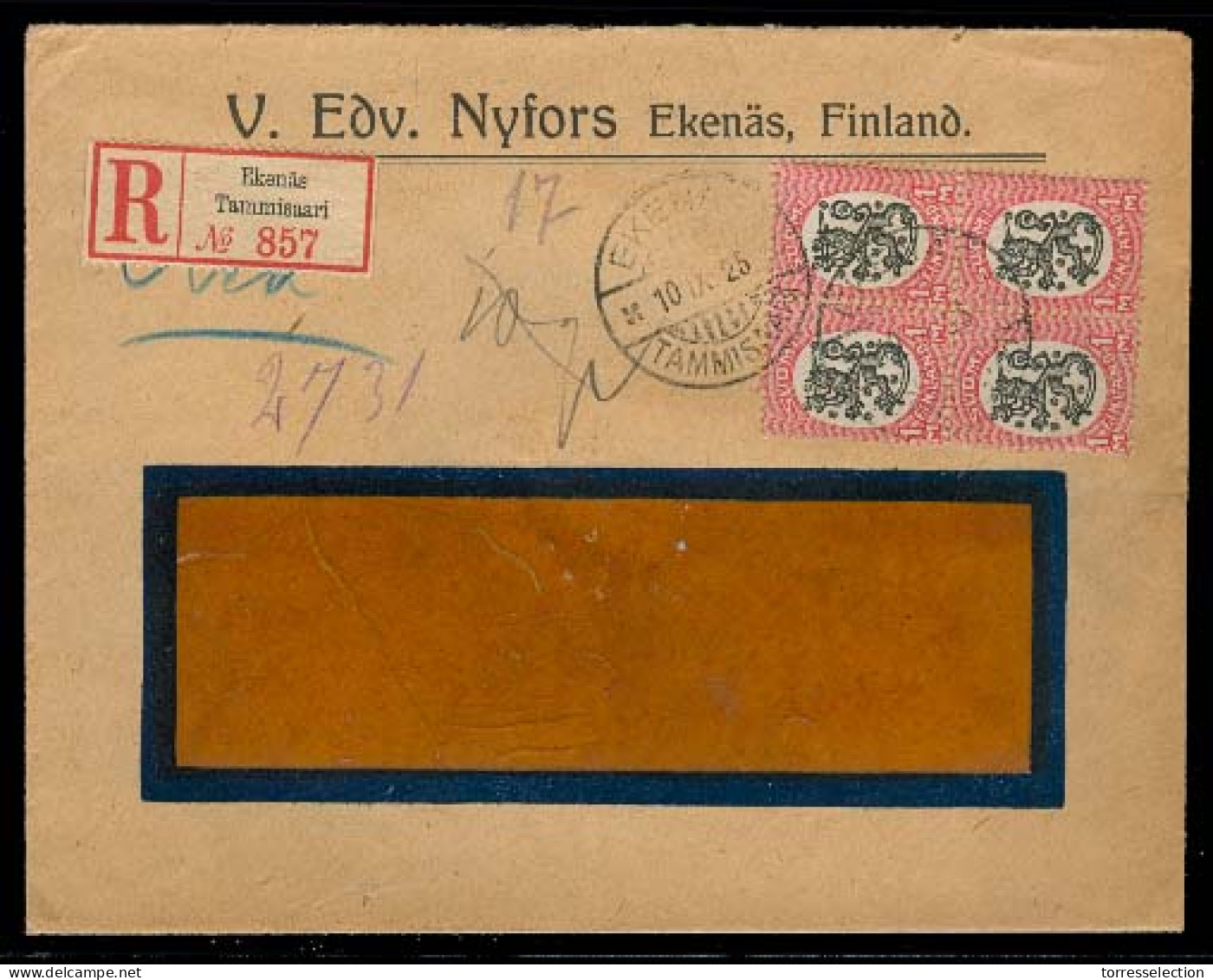 FINLAND. 1925. Ekenas - Germany. Registr Fkd Env. 1m Block Of 4. VF. - Other & Unclassified