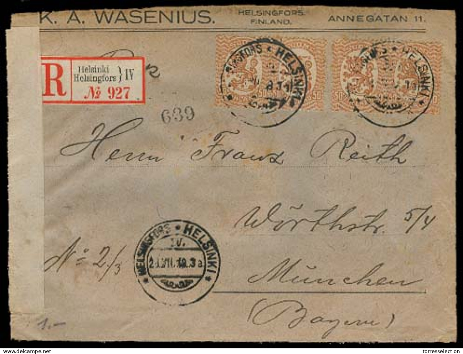 FINLAND. 1918. Helsinki - Germany. Registered Multifkd Censored Env. - Other & Unclassified