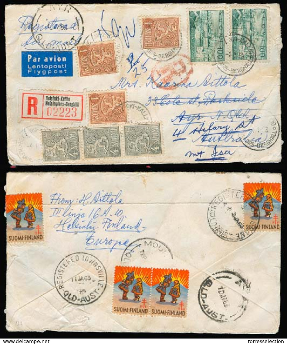 FINLAND. 1963. Helsinki - Kalliosi - Australia. Registr Multifkd Airpost + Labels Tied On Reverse Multifkd (ambulant Can - Other & Unclassified