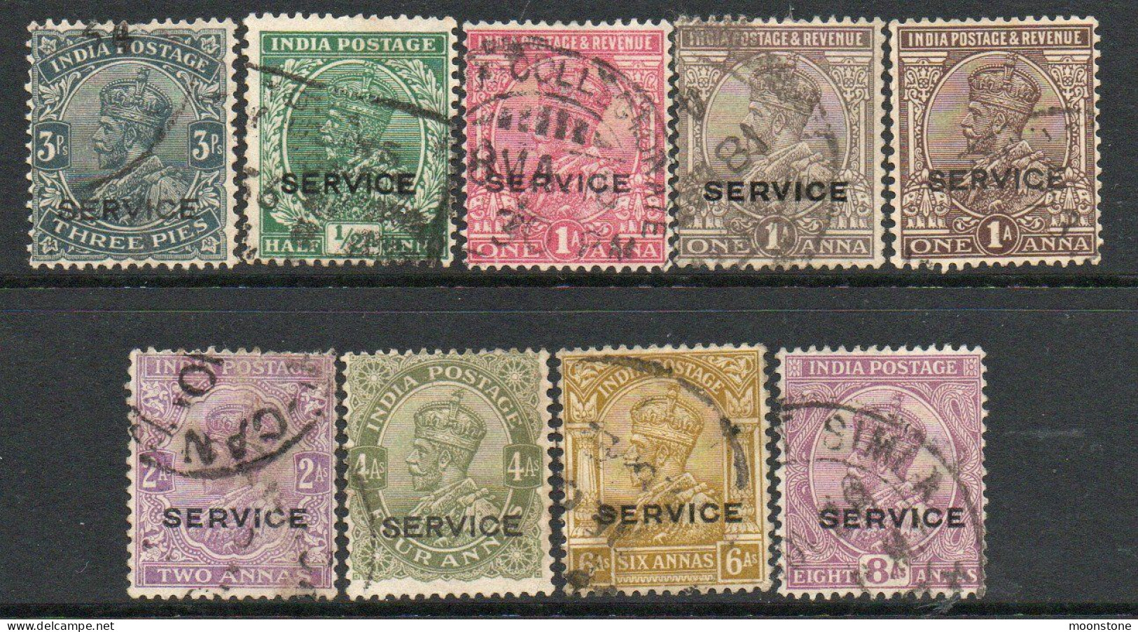 India GV 1912-23 Part Set Of 9 To 8 Annas , Wmk. Single Star, Service Official, Used, SG O73-89 + O98 (E) - 1911-35 Roi Georges V