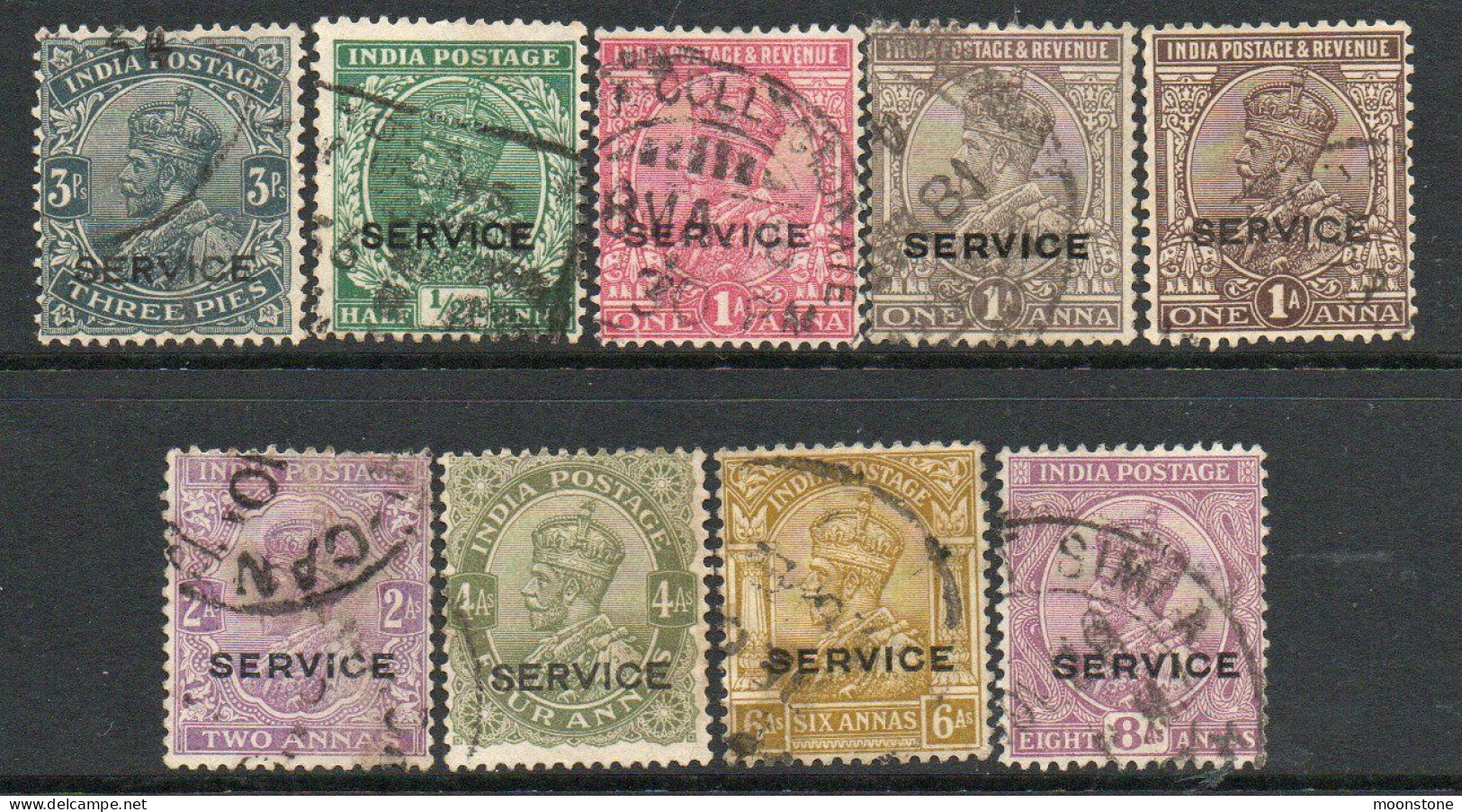 India GV 1912-23 Part Set Of 9 To 8 Annas , Wmk. Single Star, Service Official, Used, SG O73-89 + O98 (E) - 1911-35 King George V