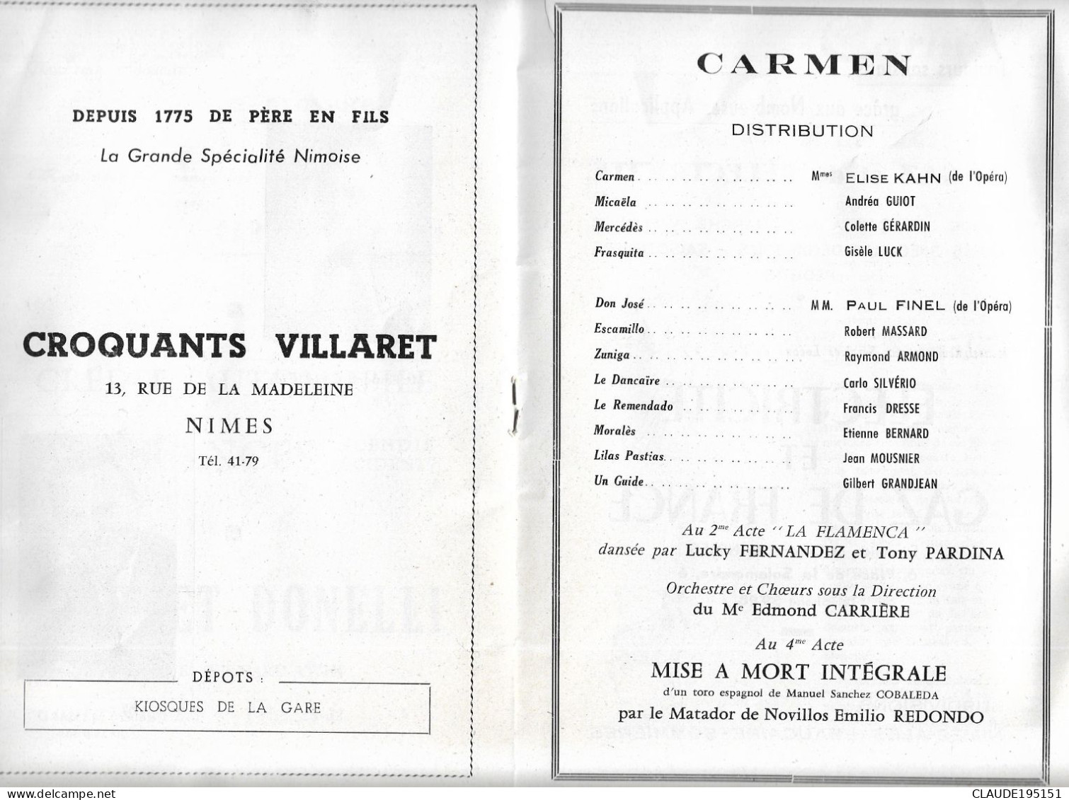 ARENES DE NIMES  PROGRAMME DU 2 JUIN 1960  OPERA CARMEN  4 SCANS - Other & Unclassified