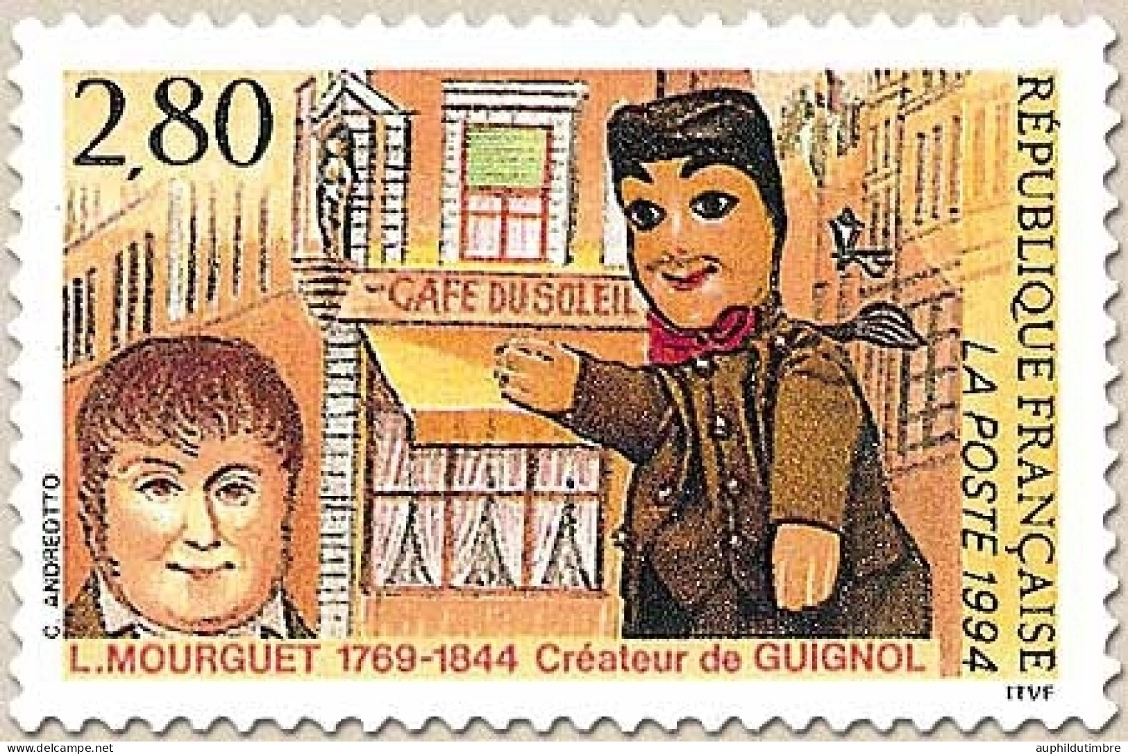 150e Anniversaire De La Mort De Laurent Mourguet (1769-1844), Guignol. Portrait, La Marionnette  2f.80 Y2861 - Unused Stamps