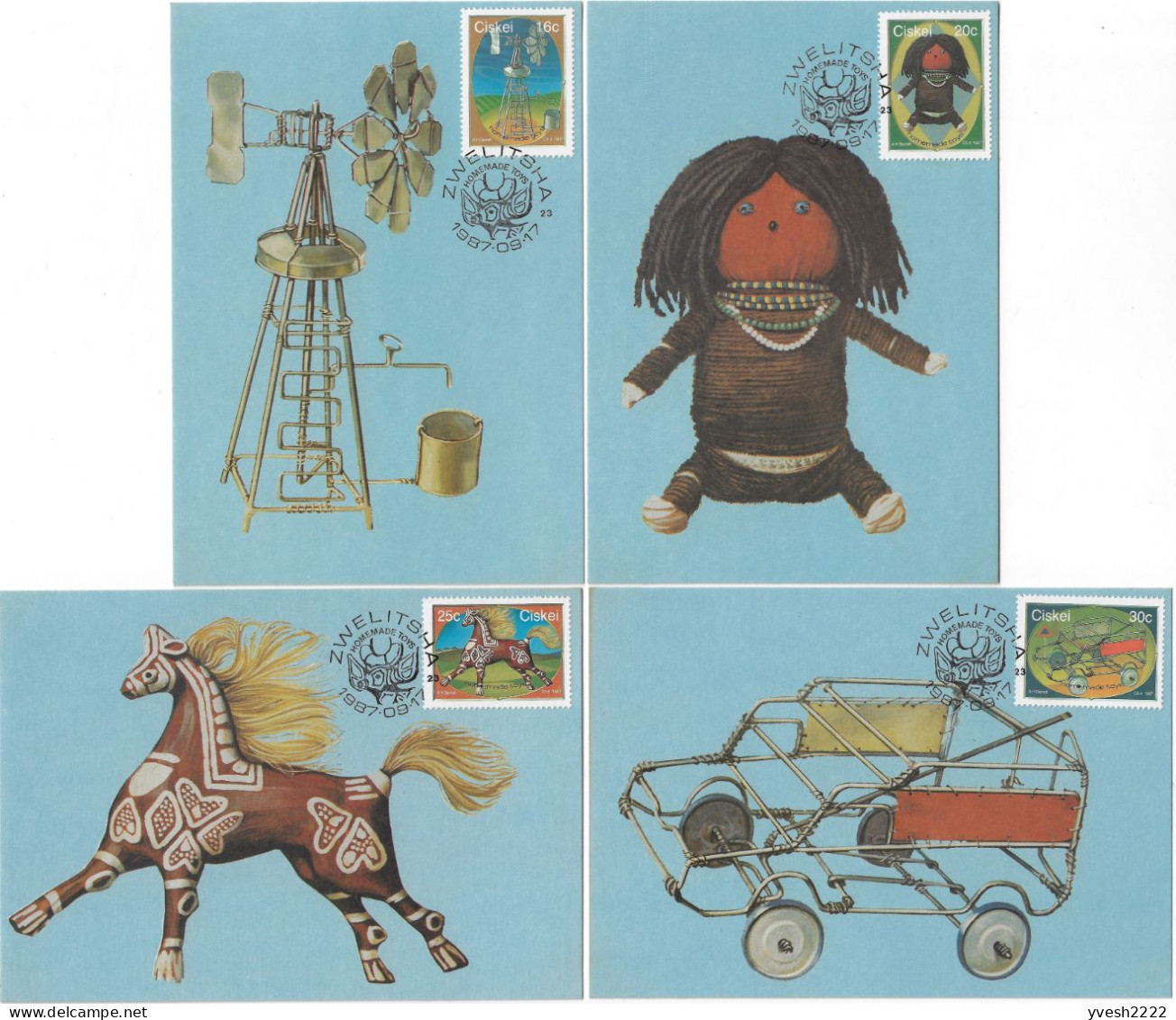 Ciskei 1987 Y&T 119 à 122 Sur Cartes Maxima. Jouets De Fabrication Artisanale. Pompe à Eau, éolienne, Poupée, Cheval - Dolls