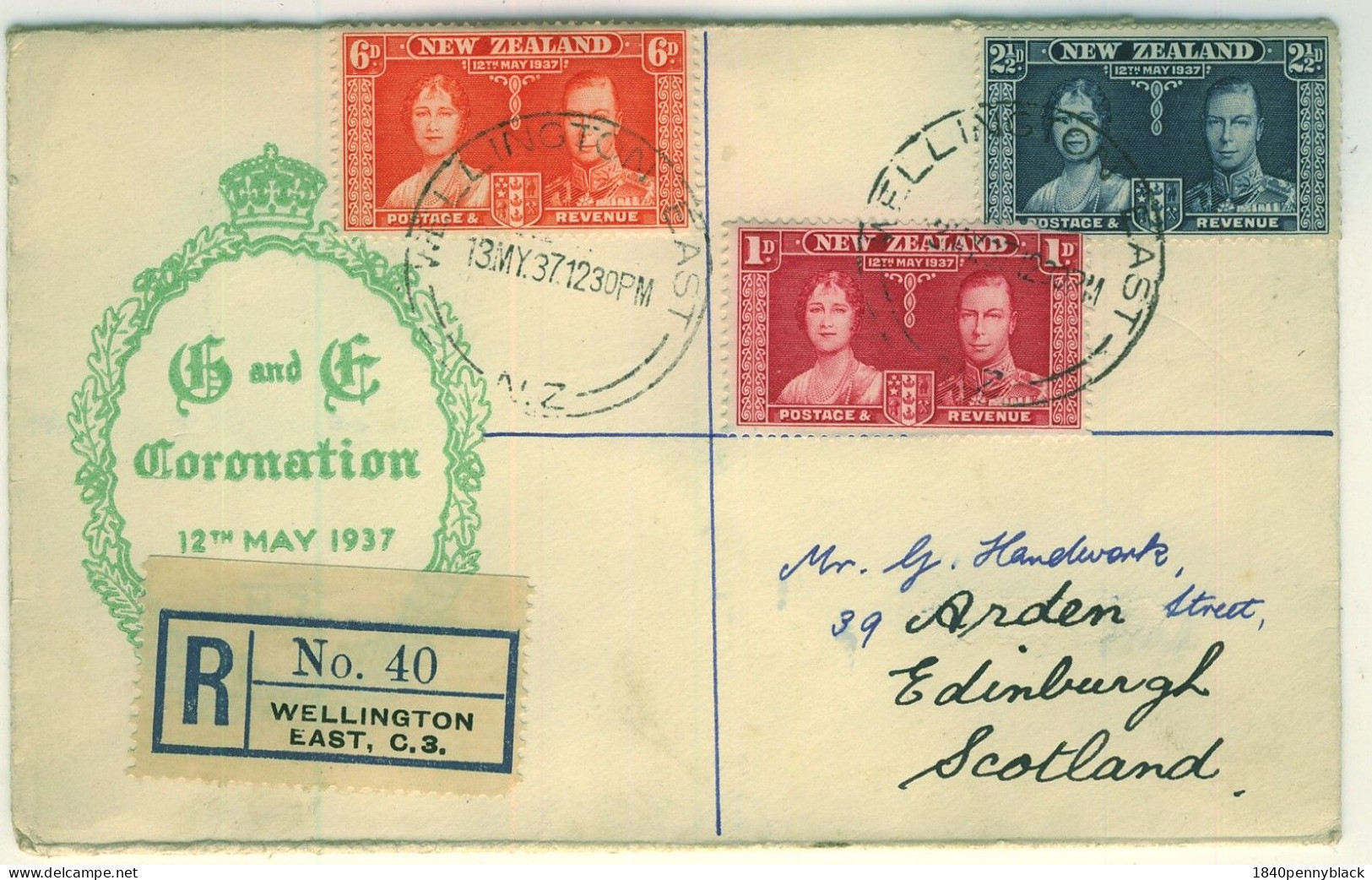 NEW ZEALAND KGVI 1937 Coronation SG  599-601 On Registered First Day Cover To Edinburgh From Wellington East - Covers & Documents