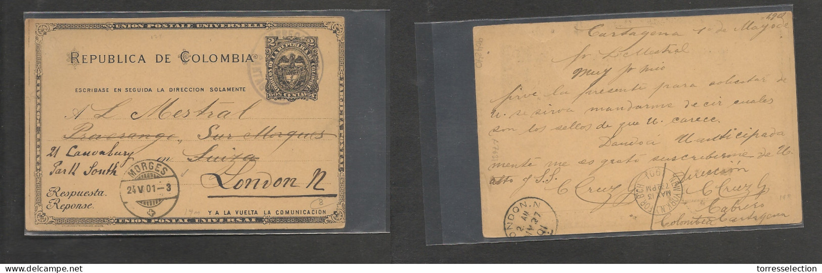 COLOMBIA. Colombia Cover - 1901 Cartagena To Switz Morges 2c Stat Card , Fwded, Vf - Colombia