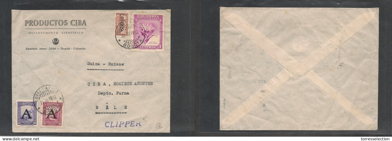 COLOMBIA. Colombia Cover - 1952 Bogota To Switz Bale Via CLIPPER Cachet - Colombie